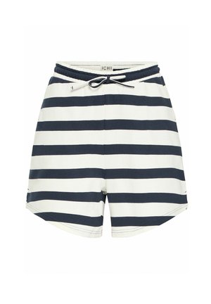 Svītraini šorti ar horizontālām tumši zilām un baltām svītrām, elastīga josta ar aukliņu un sānu kabatām. Mīksta auduma.