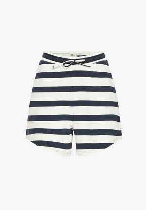 Dryžuoti šortai su horizontaliais tamsiai mėlynais ir baltais dryžiais, elastinga juosmens juosta su raiščiu ir šoninėmis kišenėmis. Minkšta medžiaga.