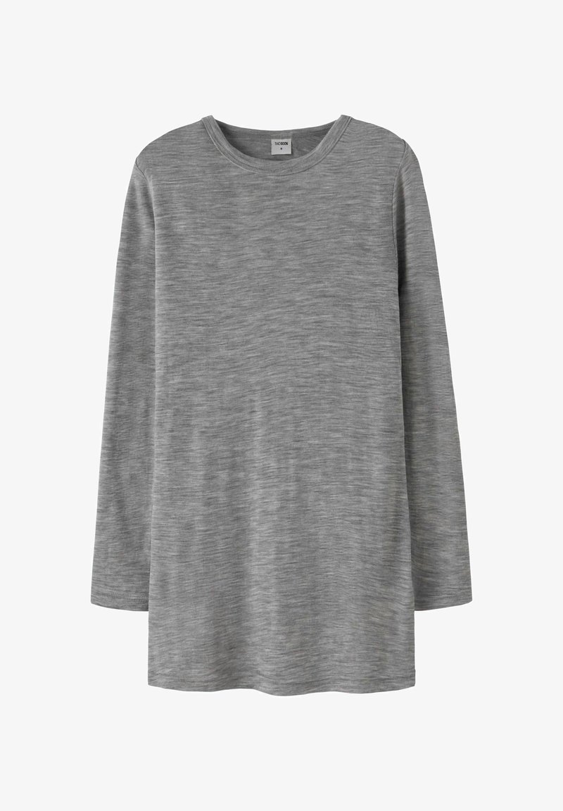 Langærmet grå T-shirt lavet af blødt, struktureret stof. Har en rund hals og en afslappet pasform, samt et subtilt meleret mønster.