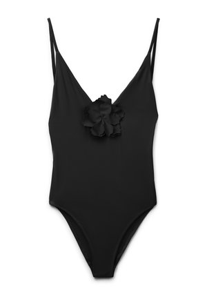 Bañador negro de una pieza con tirantes finos y una flor de tela decorativa centrada en el pecho.