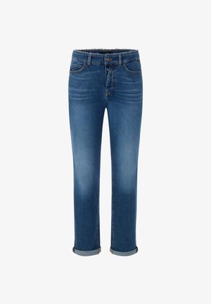 Blue denim jeans with a straight-leg design, featuring a rolled hem, front pockets, and a subtle fade. Soft texture with a classic fit.