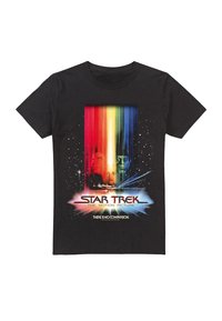 Black t-shirt featuring a colorful graphic print of "Star Trek: The Motion Picture," showcasing characters, stars, and text in vibrant colors.