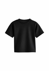 Schwarzes kurzärmeliges T-Shirt aus Baumwolle mit Rundhalsausschnitt und einfarbigem Design ohne Muster oder Grafiken.