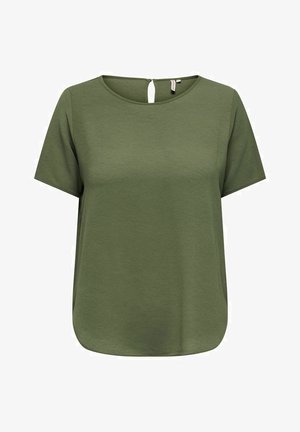 Top corto a maniche corte verde oliva con scollatura rotonda e dettaglio a occhiello sul retro. Tessuto strutturato e orlo leggermente curvato per una vestibilità comoda.