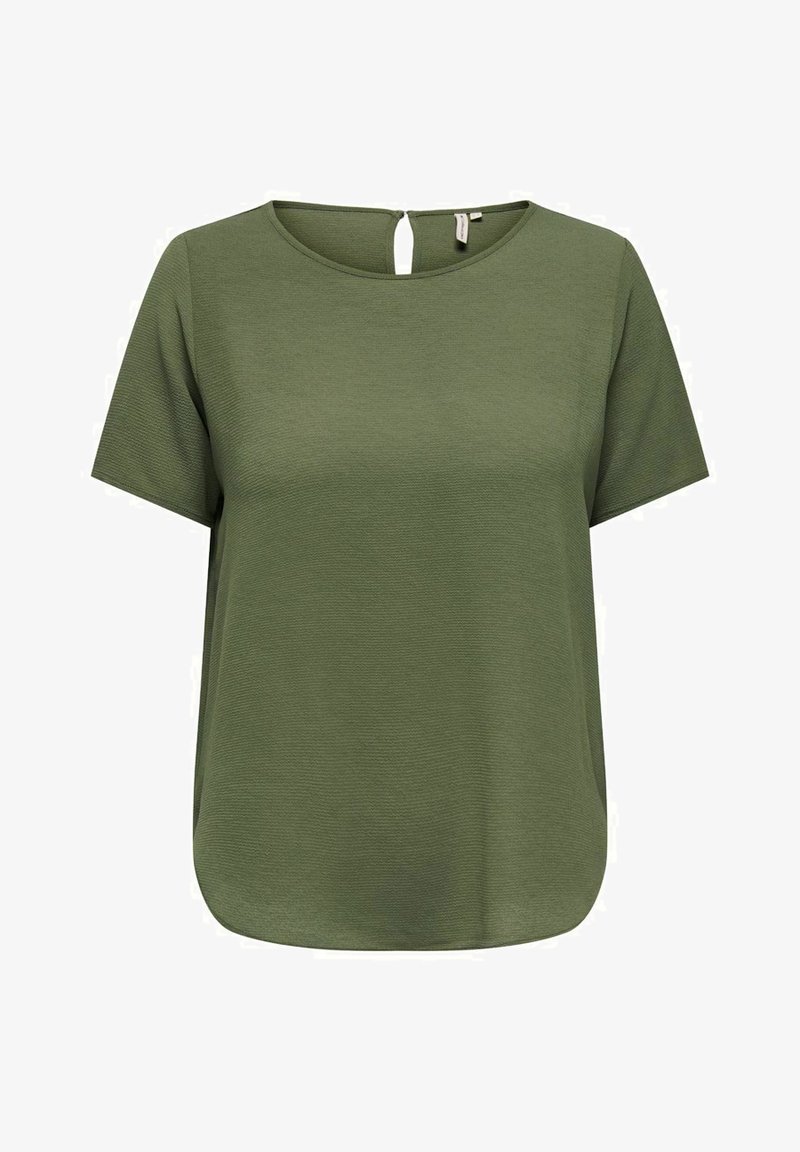 Top corto a maniche corte verde oliva con scollatura rotonda e dettaglio a occhiello sul retro. Tessuto strutturato e orlo leggermente curvato per una vestibilità comoda.