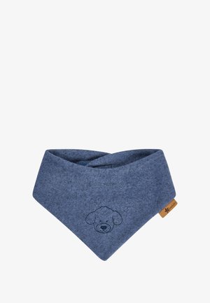 Blaues, filzbesetztes Haustierzubehör mit dreieckigem Design, das ein gesticktes Hundegesichtsmotiv und ein beiges Stoffetikett an der Seite aufweist.