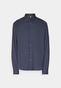 Camisa de manga larga azul oscuro con botones, cuello abotonado y puños con un solo botón, mostrada sobre un fondo blanco.