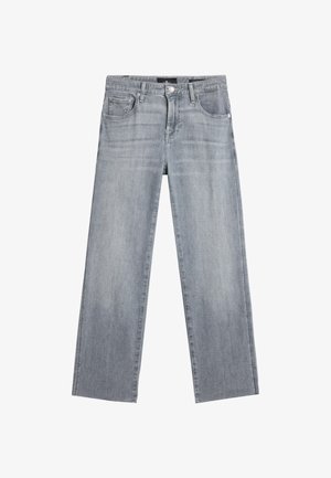 Jeans gris clair à jambes droites avec poches avant, passants pour ceinture, fermeture par bouton et détails subtils délavés.