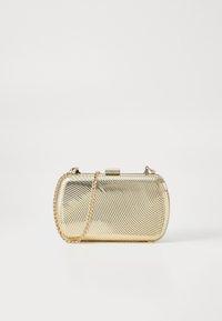 Gold metal clutch with a textured wavy pattern, rectangular shape, hinged closure, and a gold chain strap for carrying.