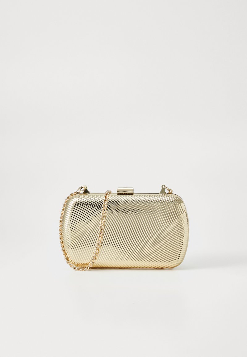 Gold metal clutch with a textured wavy pattern, rectangular shape, hinged closure, and a gold chain strap for carrying.