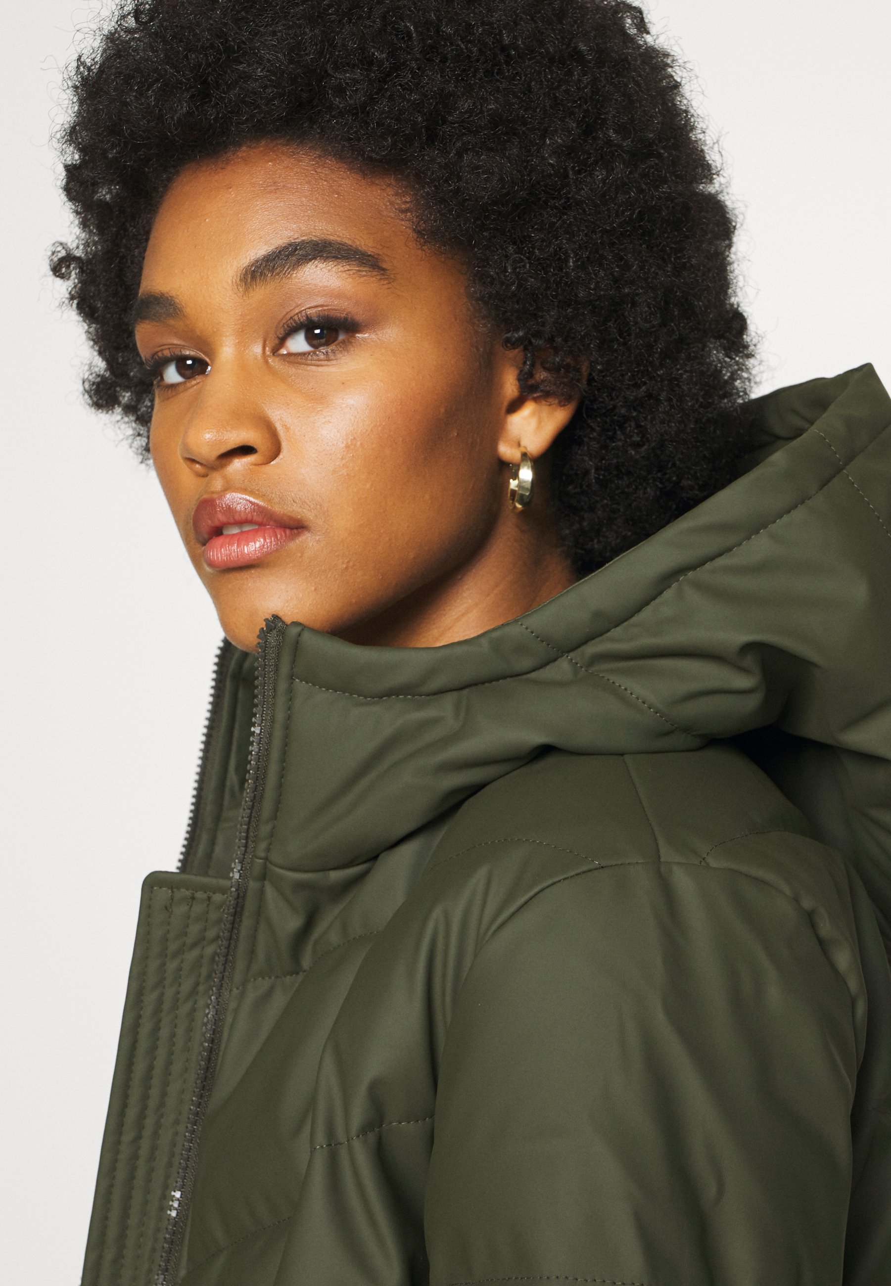 jdy ulrikka water repellent quilted long hooded puffer coat in khaki