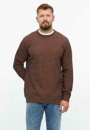 Mann mit Bart, der einen braunen Langarmpullover und blaue Jeans trägt, steht frontal vor einem weißen Hintergrund.