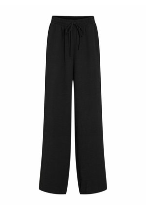 Black wide-leg pants made from a soft, textured material. Elastic waistband with a drawstring, featuring side slits for added detail.