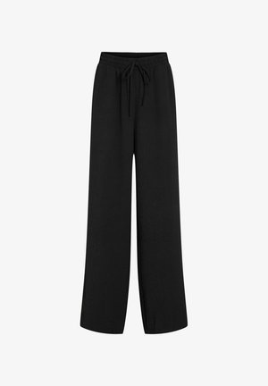 Black wide-leg pants made from a soft, textured material. Elastic waistband with a drawstring, featuring side slits for added detail.