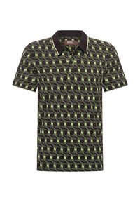 Polo de manga corta en marrón oscuro con un patrón ovalado concéntrico en verde, cuello y tres botones en el escote.