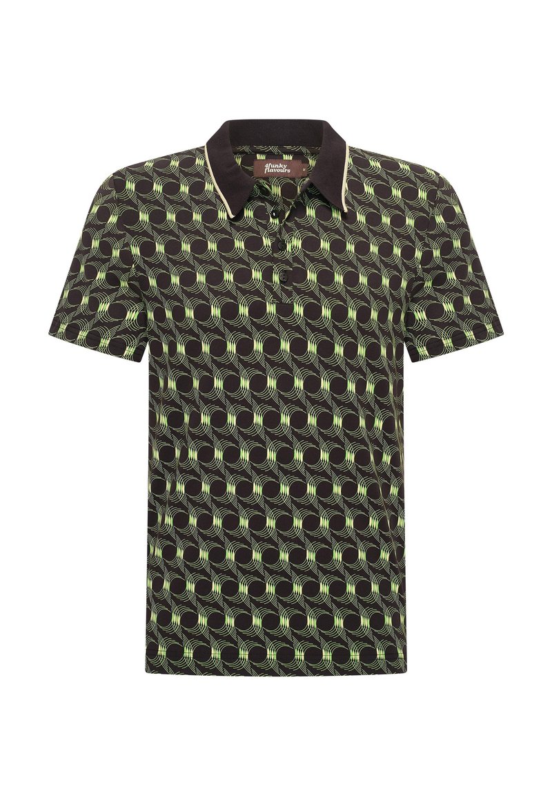 Polo de manga corta en marrón oscuro con un patrón ovalado concéntrico en verde, cuello y tres botones en el escote.