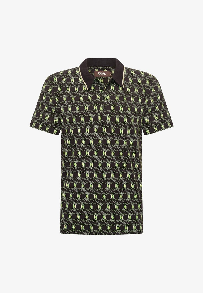 Polo de manga corta en marrón oscuro con un patrón ovalado concéntrico en verde, cuello y tres botones en el escote.