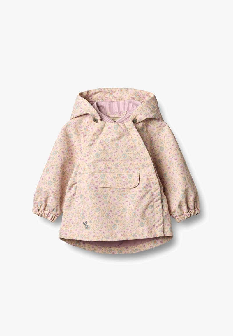 Rozā ziedu viegla jaka ar kapuci, elastīgām piedurknēm, priekšējo kabatu un mīkstu iekšējo oderi ar ribotām malām.