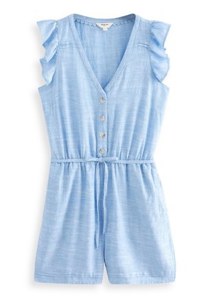 Combinaison courte bleu clair sans manches avec boutons sur le devant, col en V, détails volantés aux épaules et ceinture à nouer à la taille.