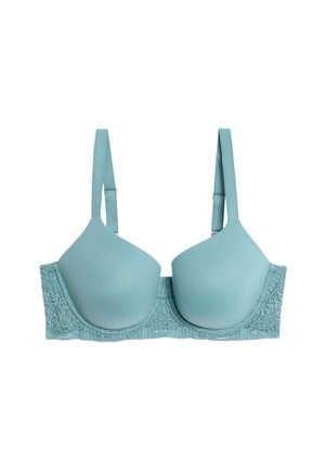 Lichtblauwe bh met voorgevormde cups en kantdetails langs de band. Verstelbare bandjes en een zachte textuur verhogen het comfort en de ondersteuning.