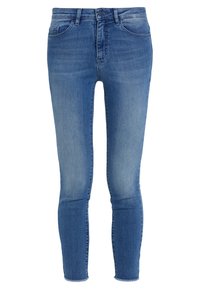 Smala jeans i medelblå denim, med en medelhög midja, fem fickor och en fransad fåll. Tyget har en mjuk textur med subtila blekningar.