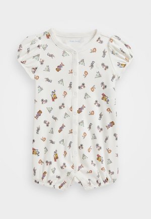 Fehér babaromper rövid puff ujjakkal, színes karakterek és tárgyak játékos mintázatával; elöl patentgombokkal.