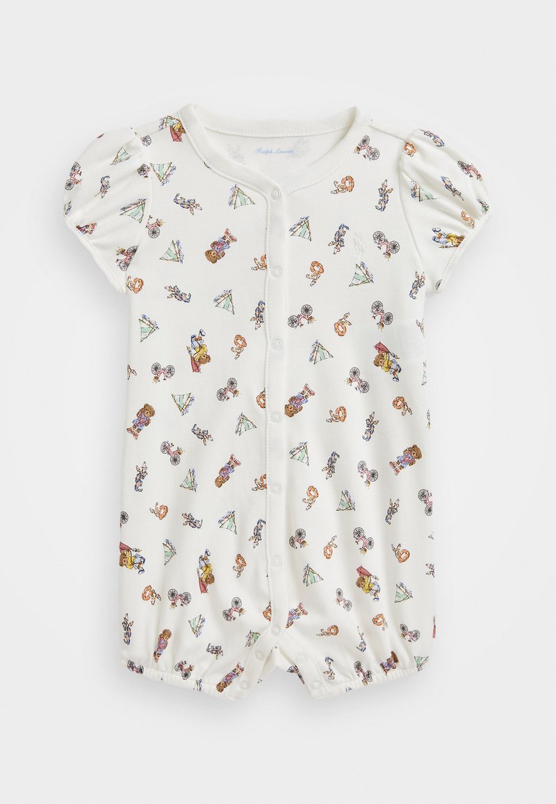 Λευκό μωρουδιακό φορμάκι με κοντά φουσκωτά μανίκια, με παιχνιδιάρικο μοτίβο χαρακτήρων και αντικειμένων σε διάφορα χρώματα; κουμπιά σνάπ στο μπροστινό μέρος.