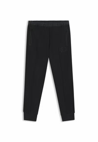 Black athletic pants with a tapered design, elastic waistband with grid pattern, zippered side pockets, and a small logo on the thigh.