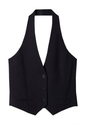 Chaleco formal negro con tres botones, dos bolsillos tipo ojal en la parte delantera y diseño de cuello halter, presentado sobre un fondo blanco.