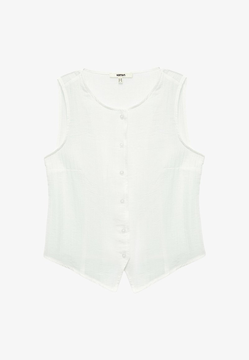 Witte mouwloze blouse van gestructureerde stof, met een ronde halslijn, knoopsluiting aan de voorkant en een licht afgeronde zoom.