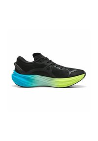 Scarpa da corsa nera con una parte superiore testurizzata, caratterizzata da un'intersuola con gradiente in teal e verde neon, e un profilo elegante e aerodinamico.