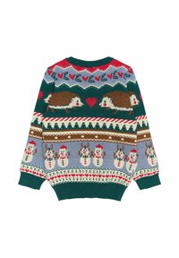 Maglione lavorato a maglia con motivi verdi, rossi e blu, decorato con ricci, cuori e pupazzi di neve. Colorato e testurizzato, con scollatura tonda.