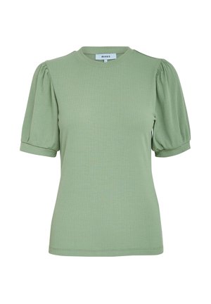T-shirt verde a righe con maniche corte e girocollo, dotata di maniche arricciate e silhouette aderente, realizzata in tessuto morbido ed elastico.