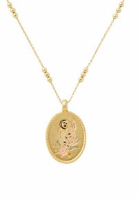 Gold oval pendant necklace with engraved rabbits, pink flowers, and green leaves on a delicate chain with small gold beads.