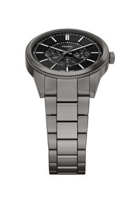 Montre analogique ronde en acier inoxydable avec un cadran noir, des index des heures en argent et des sous-compteurs. Équipée d'un bracelet en métal poli et brossé.