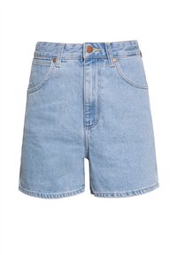 Světle modré denimové kraťasy s vysokým pasem, předními kapsami a kovovým zapínáním, s raw lemem a mírně vybledlou strukturou.