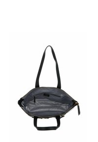 Sac fourre-tout noir avec un extérieur texturé, fermeture éclair et doublure en tissu rayé comprenant une poche intérieure pour l'organisation.