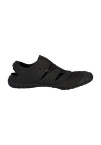 Black athletic shoe with a mix of mesh and synthetic materials, featuring a hook-and-loop strap, breathable design, and textured rubber sole.