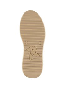 Semelle de chaussure avec une surface en caoutchouc beige texturé, présentant des rainures pour l'adhérence et un logo embossé au centre. Le bord est blanc.