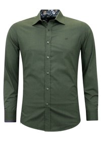 Groene long-sleeve shirt met een geprint donker bloemdessin aan de binnenkant van de kraag, met een knoopsluiting aan de voorkant en subtiele geborduurde logo op de borst.
