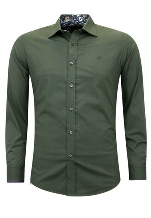 Groene long-sleeve shirt met een geprint donker bloemdessin aan de binnenkant van de kraag, met een knoopsluiting aan de voorkant en subtiele geborduurde logo op de borst.