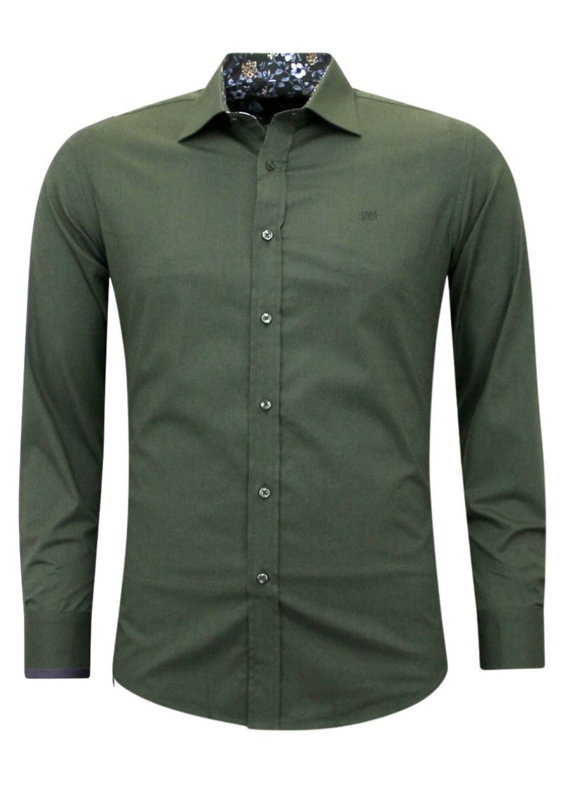 Groene long-sleeve shirt met een geprint donker bloemdessin aan de binnenkant van de kraag, met een knoopsluiting aan de voorkant en subtiele geborduurde logo op de borst.