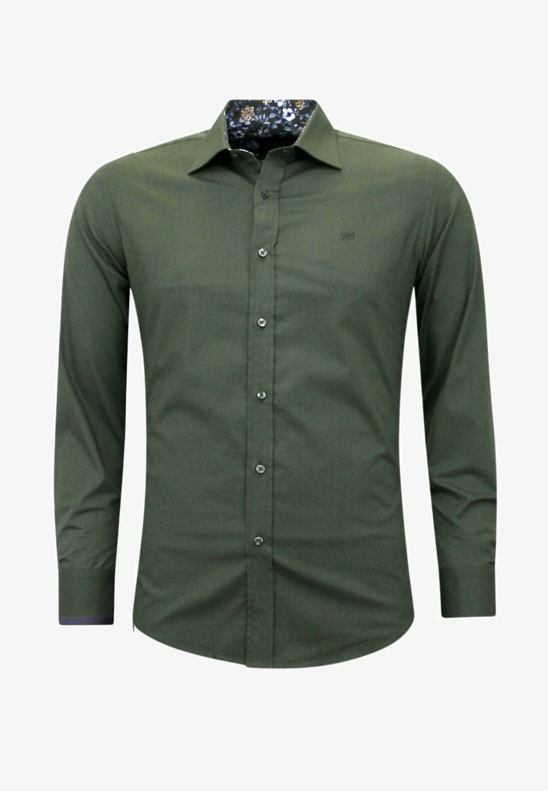 Groene long-sleeve shirt met een geprint donker bloemdessin aan de binnenkant van de kraag, met een knoopsluiting aan de voorkant en subtiele geborduurde logo op de borst.