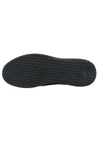 Black rubber shoe sole with a textured surface featuring a honeycomb pattern and rounded nubs for traction. Circular logo embossed on side.