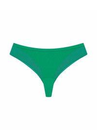 Zielone stringi o gładkiej przedniej części i siateczkowych bocznych detalach. Posiadają wąski pas i wysokie otwory na nogawki.