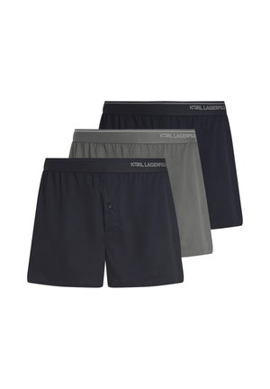 Kolm Karl Lagerfeldi meeste bokserit mustas, hallis ja tumedas mereväes, kihiti esitatud logoga elastsete vöödega.