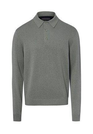 Long-sleeve grey polo shirt with a ribbed collar and cuffs, featuring a three-button placket at the front.
