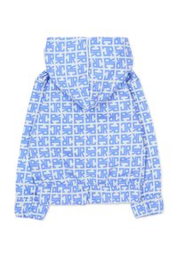 Lichtblauwe capuchonjack met een herhaald wit geometrisch patroon, elastische manchetten en een ingezette zoom voor een verstelbare pasvorm.