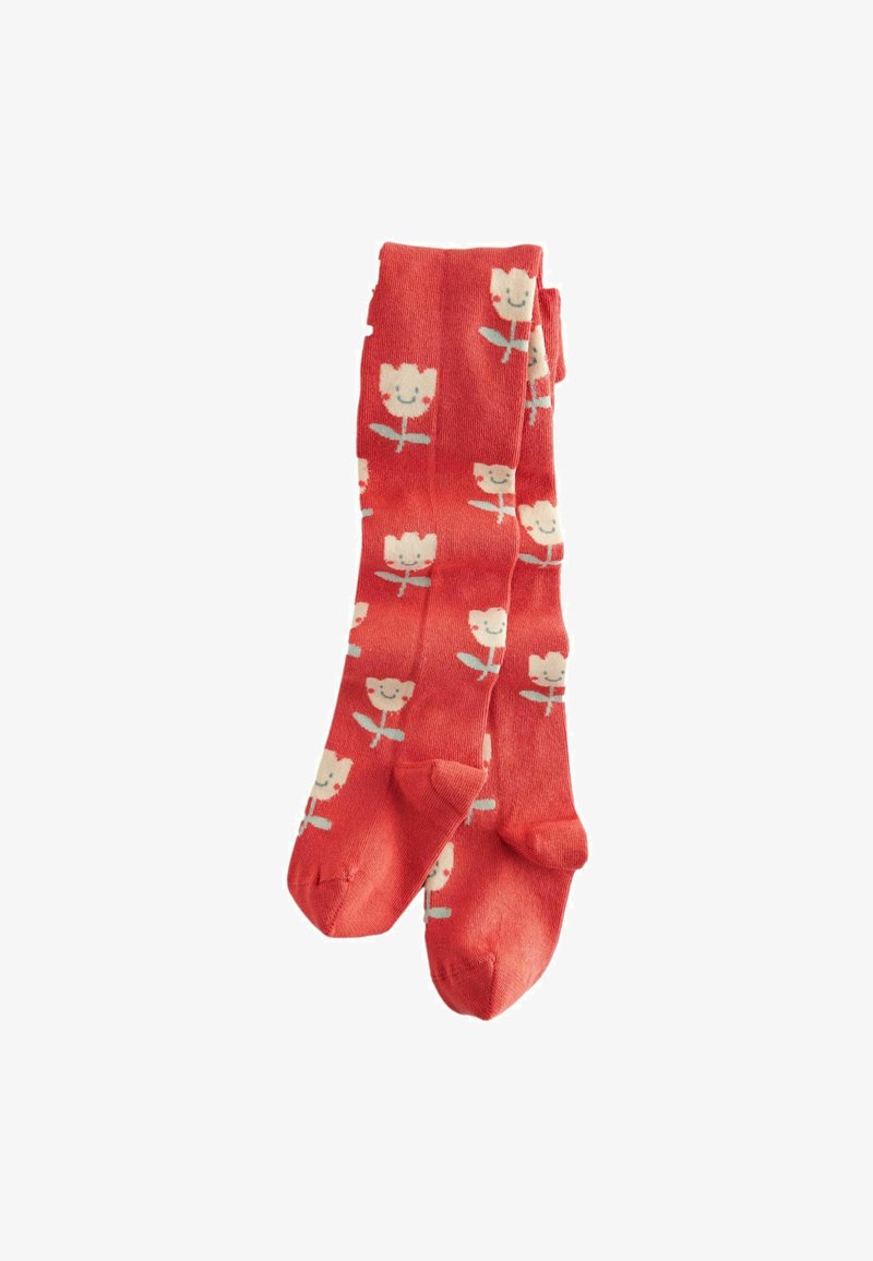 Calcetines rojos con un patrón floral que presenta flores sonrientes en colores claros, hechos de un tejido suave, con puntas y talones reforzados.