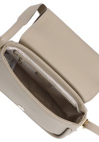 Beige Lederhandtasche mit strukturiertem Design. Verfügt über ein Hauptfach mit Reißverschluss, glattes Innenfutter und verstellbaren Trageriemen.